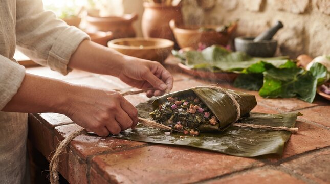 Wrapping Taro Mixture in Banana Leaf with Hibiscus Fiber String