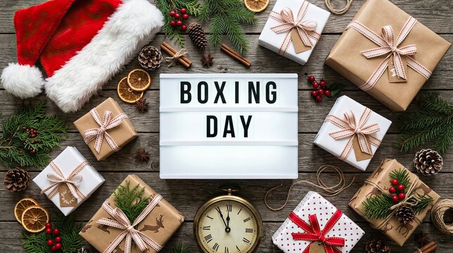 Boxing day celebration flat lay with wrapped gifts and holiday decorations on rustic wooden surface with arrangement showcases wrapped decorations festive elements accessories decorative ornaments