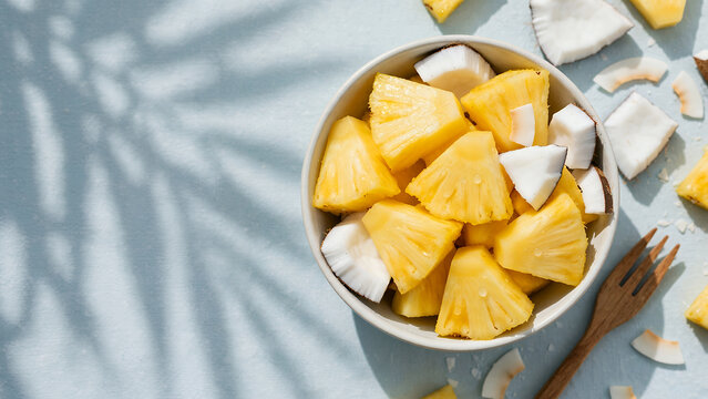 juicy fresh pineapple chunks in a white bowl with coconut pieces and natural wooden spoon on light blue background