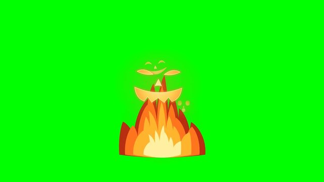 Seamless 8-second looping 4K Halloween chroma-key overlay on a pure #00FF00 green background. A compact roaring flame gives birth to glowing carved jack-o'-lantern faces that rise on thermal currents