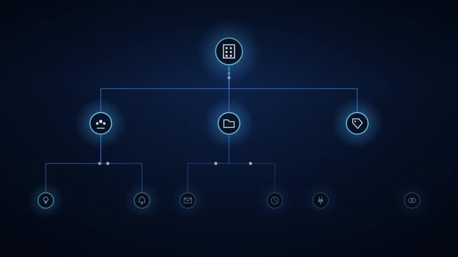 Digital hierarchy tree diagram with glowing icons on dark blue background. Animated organizational chart showing data structure and connectivity.