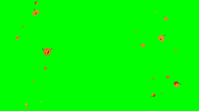 A playful cascade of varied 3D Halloween jack-o'-lanterns falling naturally over a solid chroma-green background (#00FF00) with realistic physics, varied depths, rotations, and a clean center for seam