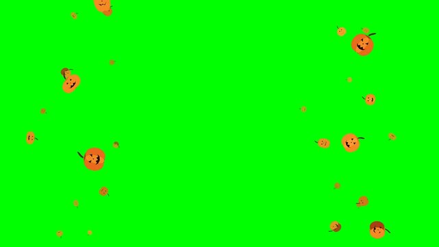 An energetic Halloween pumpkin cascade overlay featuring 15-30% larger 3D jack-o'-lanterns, 45-60 frequent spawn events, crisp depth hierarchy, and a clean center over a solid chroma-green background 