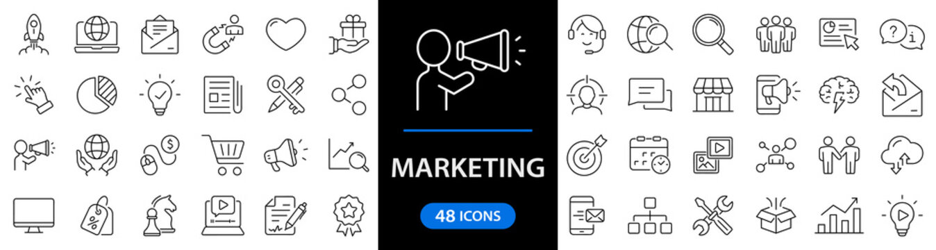 Digital Marketing set of web icons in line style. Marketing icons for web and mobile app. Sales, e-commerce, SEO, business, feedback, analytics, ads, communication, content. Vector illustration