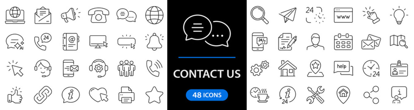 Contact us set of web icons in line style. Social Media network icons for web and mobile app. Customer service. Contact support sign and symbols. Call us, support, email, message, phone, info