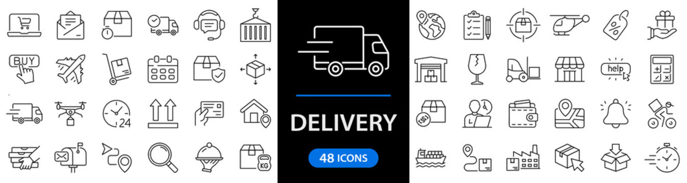Delivery and logistics set of web icons in line style. Shipping and logistics icons for web and mobile app. Express delivery, courier, package protection, business, tracking, return, customer service
