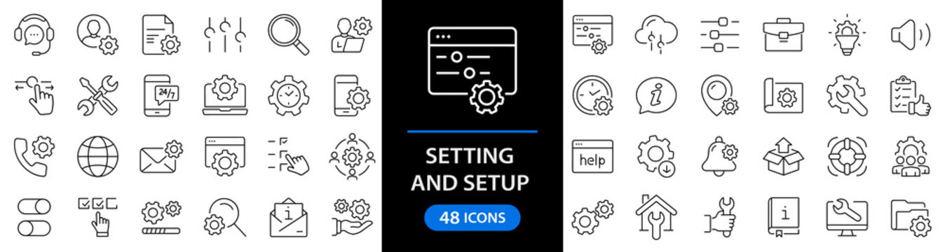 Settings and setup set of web icons in line style. Setup icons for web and mobile app. Settings, installation, maintenance, update, download, configuration, options, control. Vector illustration