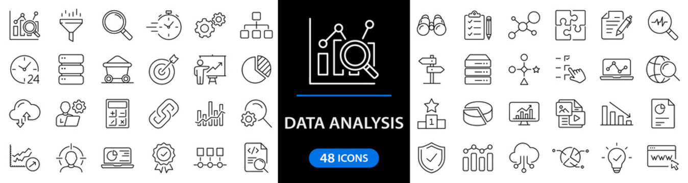 Data analysis set of web icons in line style. Data analytics icons for web and mobile app. Graphs, traffic analysis, data processing, research network collection, statistics, analytics, performance.