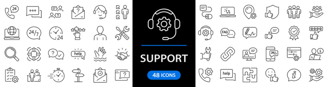Customer Service and Support set of web icons in line style. Support and Help icons for web and mobile app. Online assistance, email, customer service, contact, help, helpdesk, feedback, 24 hrs