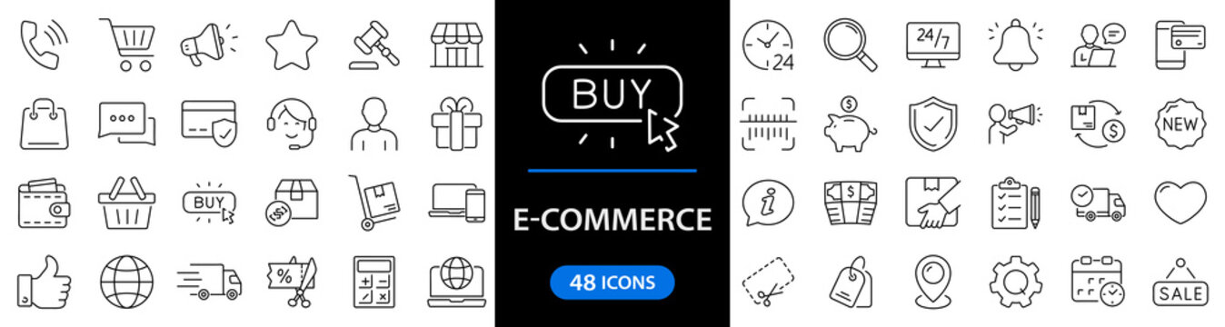 E-Commerce set of web icons in line style. Online shopping icons for web and mobile app. Business, mobile shop, digital marketing, bank card, gifts, sale, delivery. Vector illustration