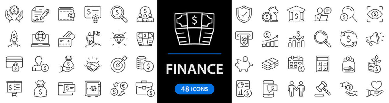 Finance set of web icons in line style. Money and Payment icons for web and mobile app. Money, payments, financial report, pay, banking, business, coin and more. Vector illustration