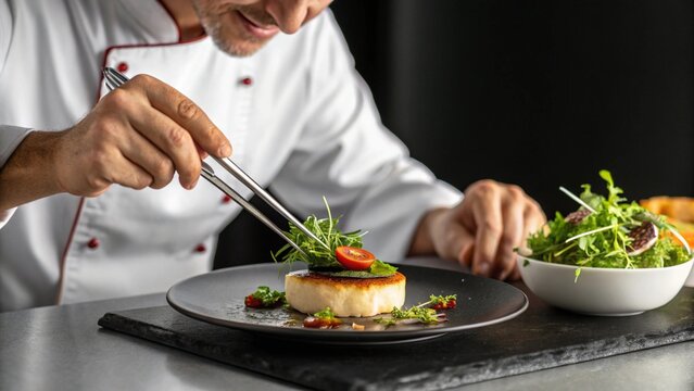 Chef plating gourmet dish with tweezers