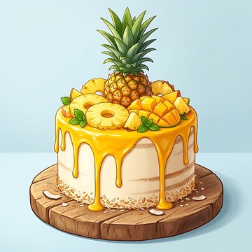 Delicious tropical fruit cake decorated with fresh pineapple and mango slices