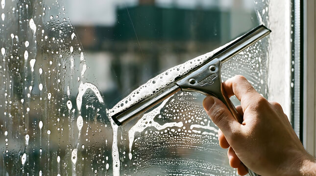 Hand Using Window Squeegee Tool Cleaning Soapy Glass Window | Professional Window Cleaning Service Wiping Soap Foam from Glass | Close Up of Hand Cleaning Glass Window Pane with Rubber Squeegee
