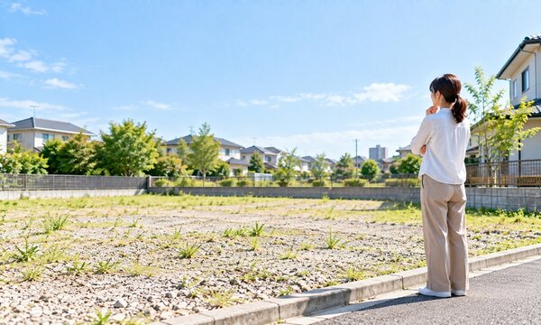 住宅地の空き地を見ながら土地の状態や周辺環境を確認する日本人女性