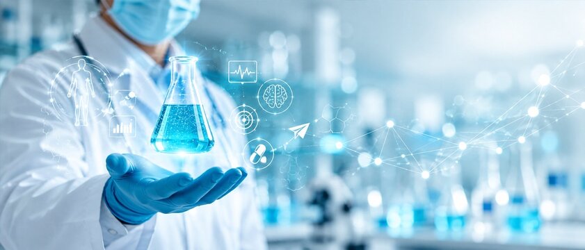 Scientist Holding Erlenmeyer Flask with Blue Liquid in Laboratory