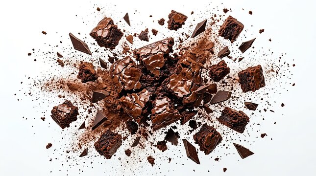 Broken chocolate pieces scattered on light surface with crumbs with Chocolate chunks fragments spread across plain background powdery residue high resolution edible material dessert topping flakes