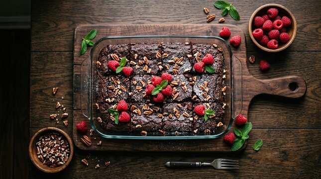 Chocolate brownie topped with pecans and fresh berries on wooden surface with arranged wooden board rustic decoration food preparation food photography chocolate treat edible berries sweet tooth