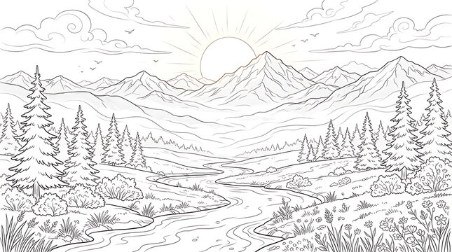 Detailed line art landscape of mountains forest and rising sun