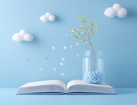An open blank book with white pages floating