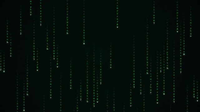 Glowing green matrix code streaming vertically down a dark screen in this futuristic computer science motion video clip