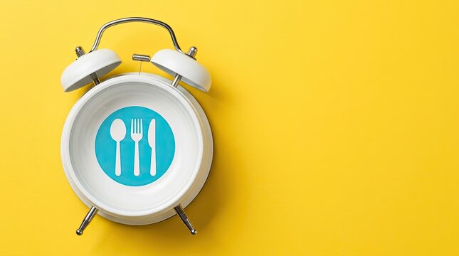 Clock with utensils graphic replacing face on bright background with Alarm clock blue circular design white spoon fork icons instead numbers communication illustration replacement preparation top