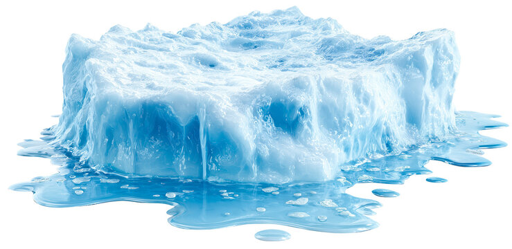 Melting ice block with droplets symbolizes climate change and global warming. translucent blue ice contrasts with clear water, highlighting environmental concerns., isolated