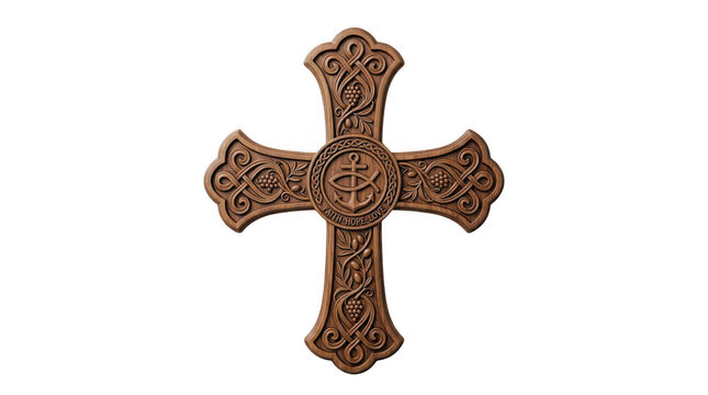 Ornate wooden cross with intricate celtic knotwork, grape vine carvings, and christian symbols isolated on transparent background