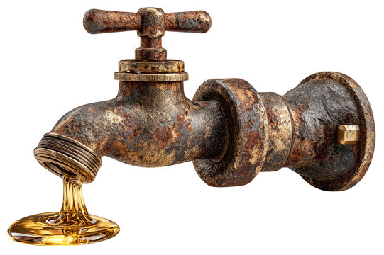 Rusty iron water tap is dripping stream of pure, clean gold liquid, symbolizing concept of precious water. image evokes sense of value and scarcity., isolated
