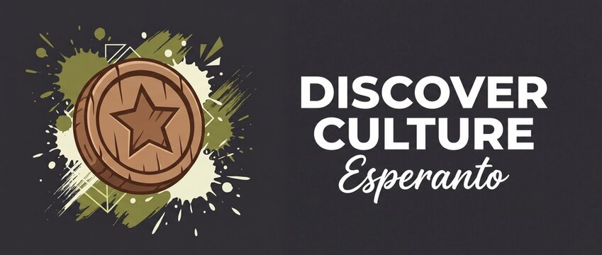 Esperanto Language Discover Culture Banner featuring green star token coin icon on dark background for international communication education, linguistic diversity, global heritage concept design.
