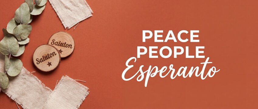 Esperanto language peace greeting banner with rustic wooden saluton wooden discs, green eucalyptus leaves, and linen fabric on terracotta background for international day celebration. Cozy concept.