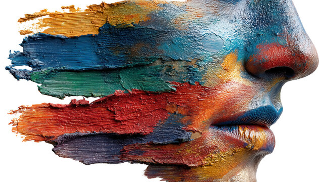 Vibrant abstract painting features human face with colorful brush strokes, blending hues of blue, red, orange, and green, creating dynamic and expressive visual., isolated