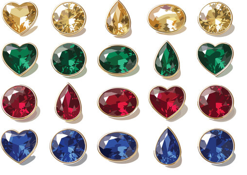 Luxury gemstone and crystal collection set featuring shiny colorful diamonds ruby sapphire emerald and topaz isolated on white background vector illustration