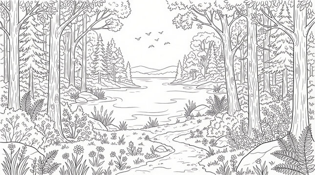 Detailed forest scene with river and birds in engraving style