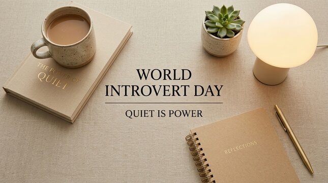 Desk setup celebrating world introvert day with quiet themed items with Desk arrangement highlights quietness featuring book drink plant notebook pen lamp reflection contemplation inspirational