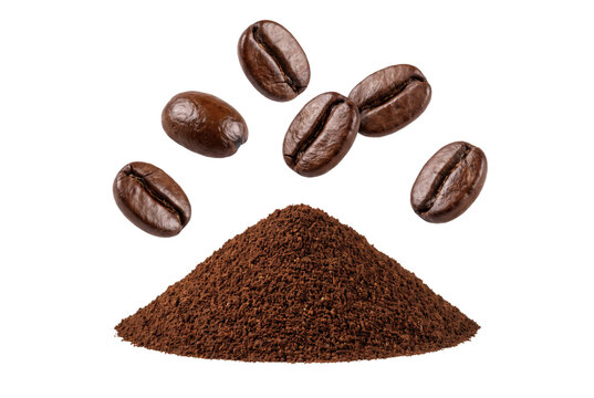 Falling Roasted Coffee Beans and Freshly Ground Coffee Mound