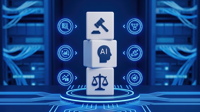 Artificial intelligence legal compliance concept with glowing 3d icons representing AI ethics regulation and corporate governance in a modern server room. 