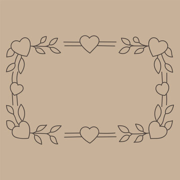 hand drawn heart frame with leaves on a solid beige background