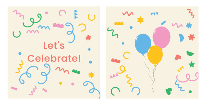 Lets Celebrate greeting card and balloons card with colorful confetti and streamers on cream background, party invitation set