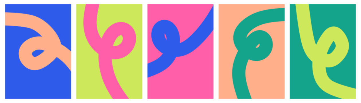 Abstract looping ribbon line cards in bold blue, lime, pink, peach and teal, colorful minimal poster and social media backgrounds