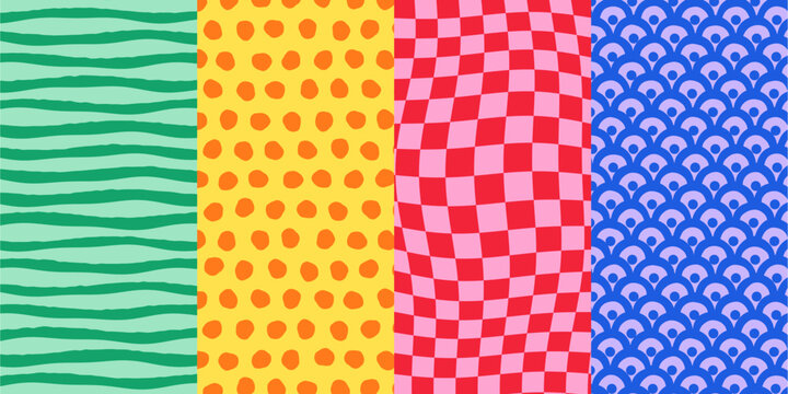 Groovy pattern set with wavy green stripes, orange spots on yellow, warped pink checkerboard and blue scales, retro backgrounds