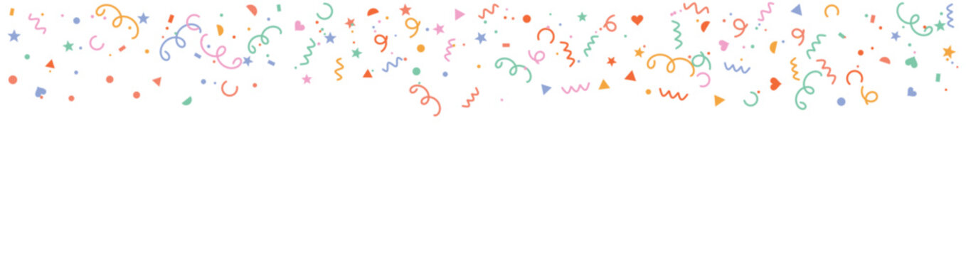 Colorful confetti border with streamers, stars and hearts on white background, festive party header with copy space