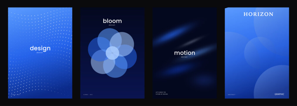 Blue abstract poster set with dot waves, overlapping flower circles, motion blur and gradient spheres, modern cover templates