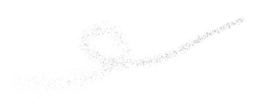 Silver glitter trail of sparkling gray particles curving across white background, shimmering dust wave light effect