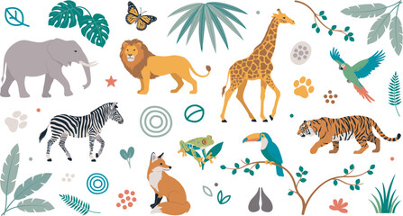 Fototapeta premium Wild jungle and safari animals vector illustration set featuring elephant lion giraffe tiger zebra fox parrot toucan and tropical botanical leaves