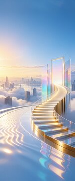 雲の上の都市と虹色のガラスに囲まれた金色のらせん階段