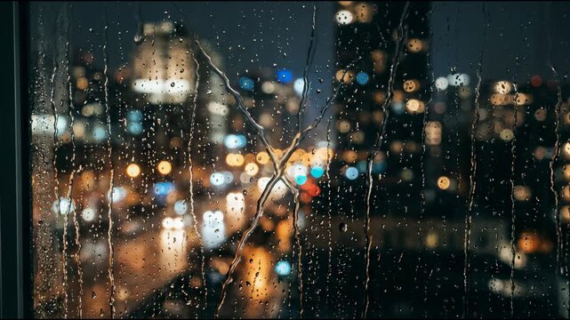 Rain drops are visible on a window. City lights blur in the background. The scene shows an urban setting at night with buildings lit up