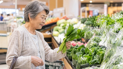 Fototapeta premium スーパーマーケットの野菜売り場で新鮮な葉物野菜を手に取りながら商品を選んで買い物をする日本人の高齢女性