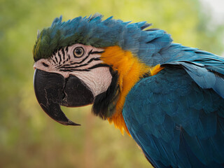 A close-up photograph capturing the head and upper chest of a vibrant Blue-and-yellow Macaw, looking to the side, 06 October 2026 Indonesia © Adi
