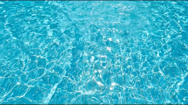 Light shines on the water surface of a swimming pool. The clear blue water reflects soft patterns. The scene shows a sunny day outdoors with no people